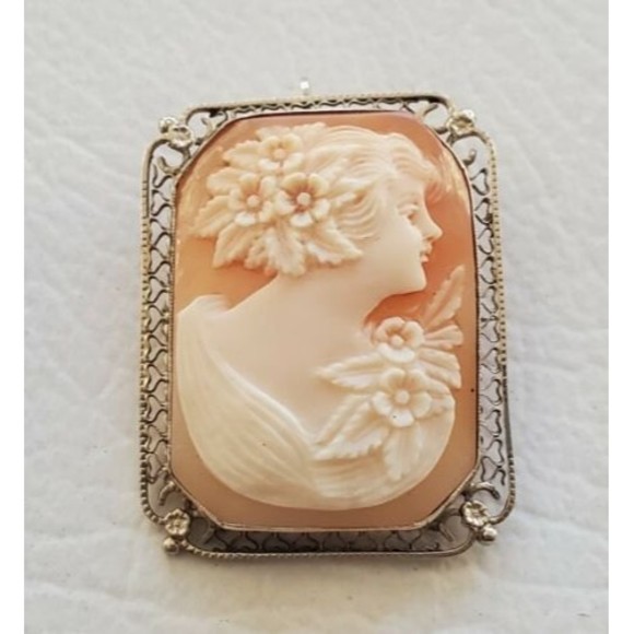 ANTIQUE EDWARDIAN 14K WHITE GOLD FILIGREE HAND CARVED CAMEO BROOCH PIN 1920